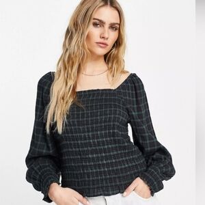 Madewell | Lucie Bubble-Sleeve Smocked Top Navy Blue and Green Plaid S
